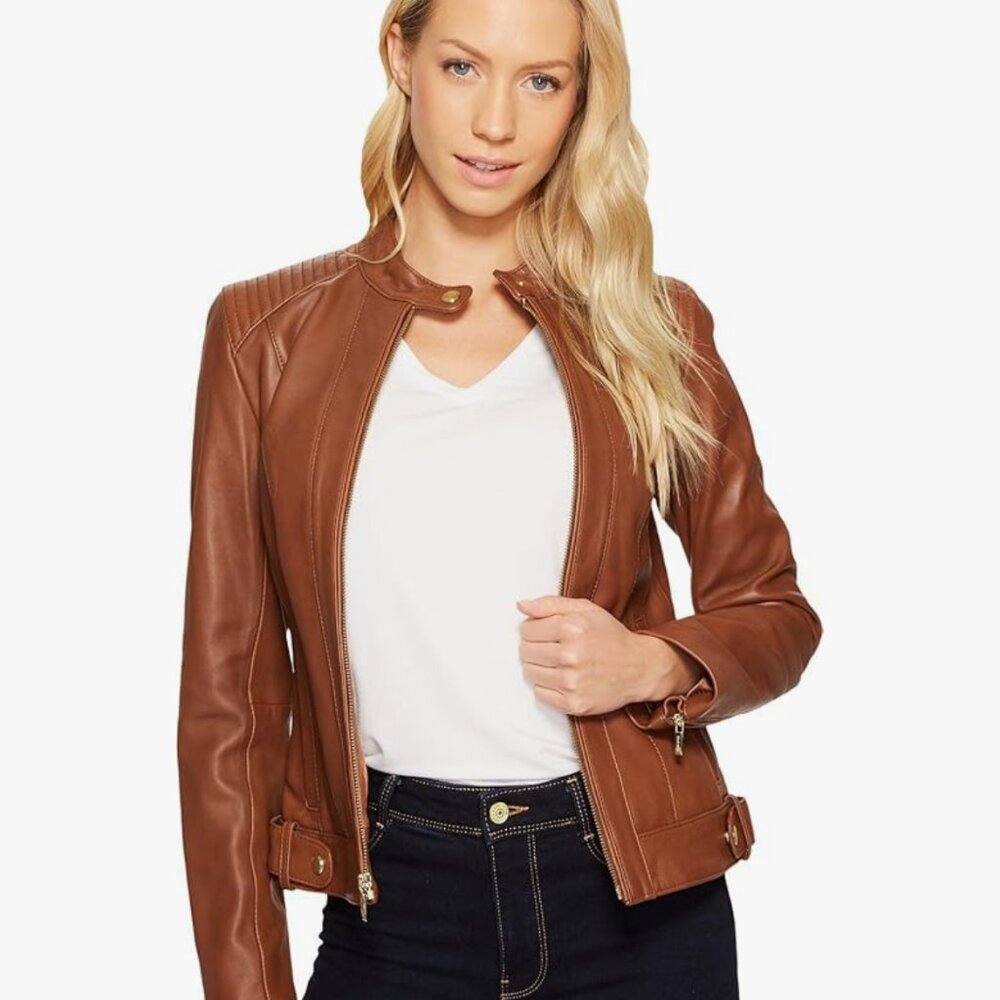 Cole Haan Genuine Lambskin Leather Moto Racer Jacket (M)